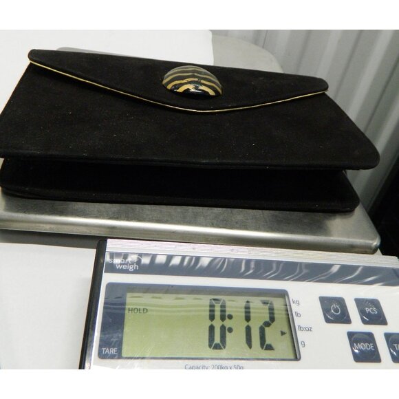 Vtg Costablanca Black Suede Envelope Clutch Gold Chain Strap Tiger Stripe Button - Picture 14 of 14